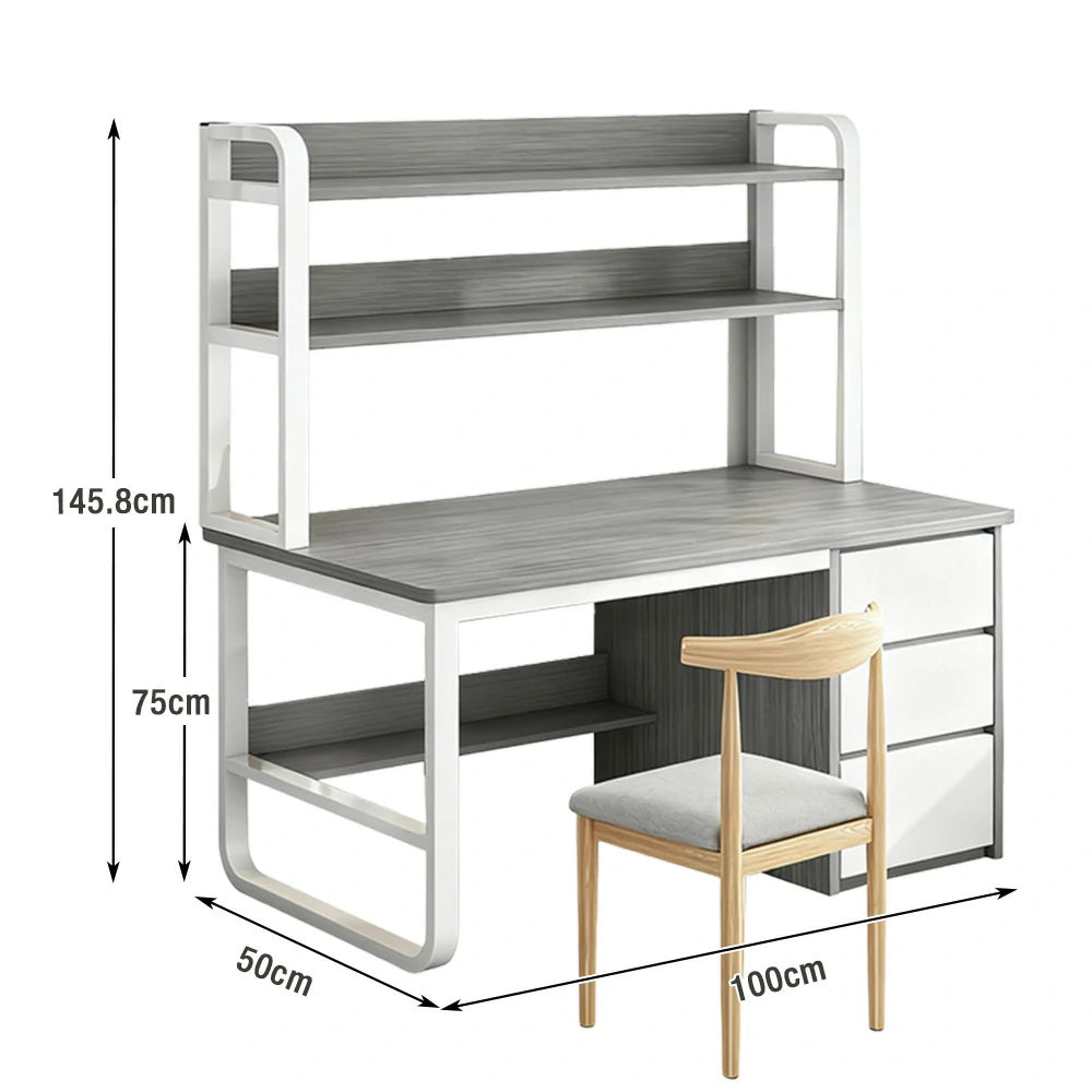 LIVARA Bookshelf Office Desk and Chair Set 100/120/140cm 2-in-1 Space-Saving Design, Thickened Panels, Steel Frame - Grey