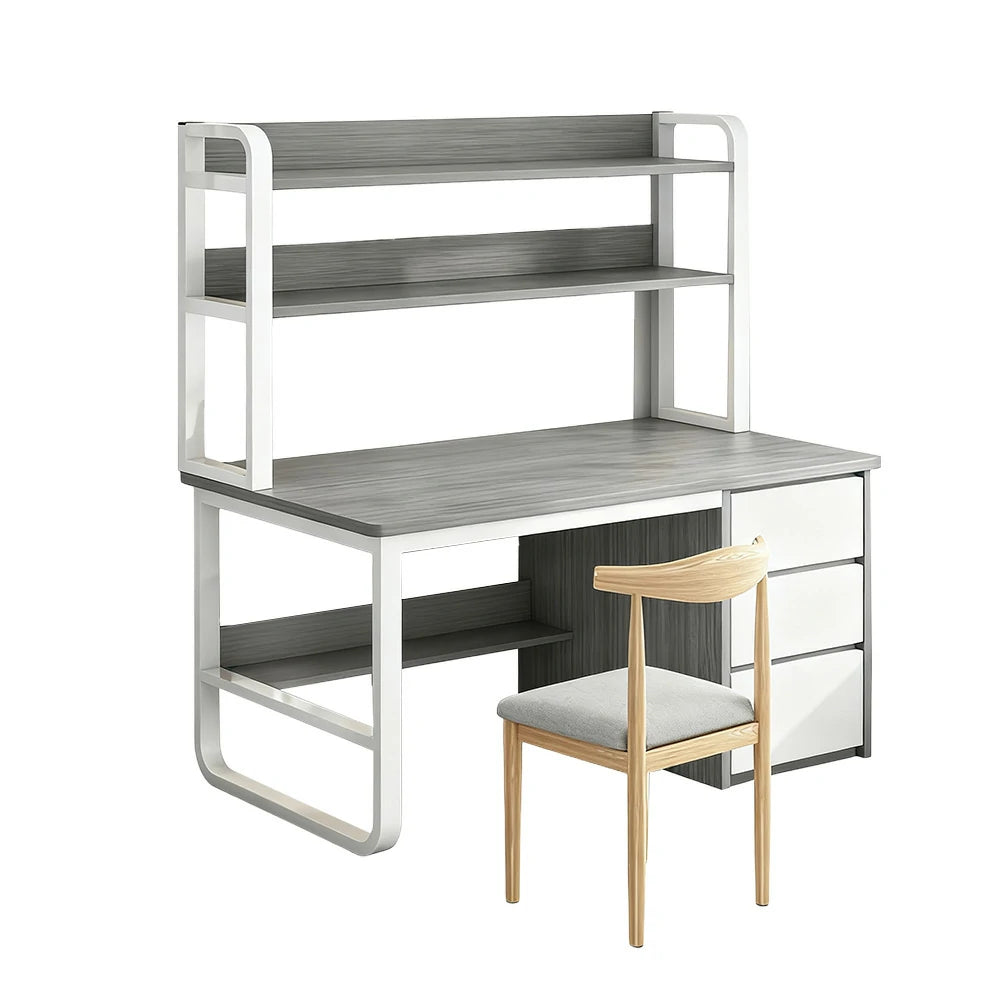 LIVARA Bookshelf Office Desk and Chair Set 100/120/140cm 2-in-1 Space-Saving Design, Thickened Panels, Steel Frame - Grey