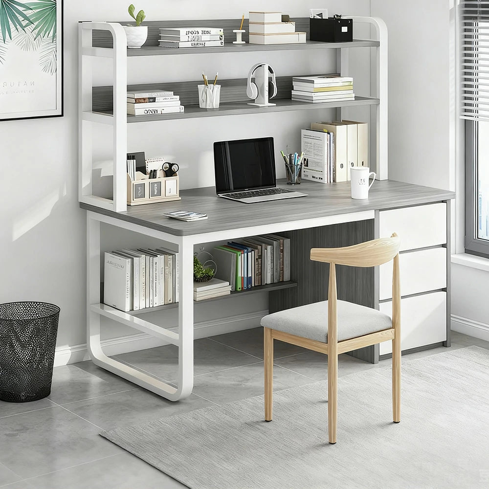 LIVARA Bookshelf Office Desk and Chair Set 100/120/140cm 2-in-1 Space-Saving Design, Thickened Panels, Steel Frame - Grey