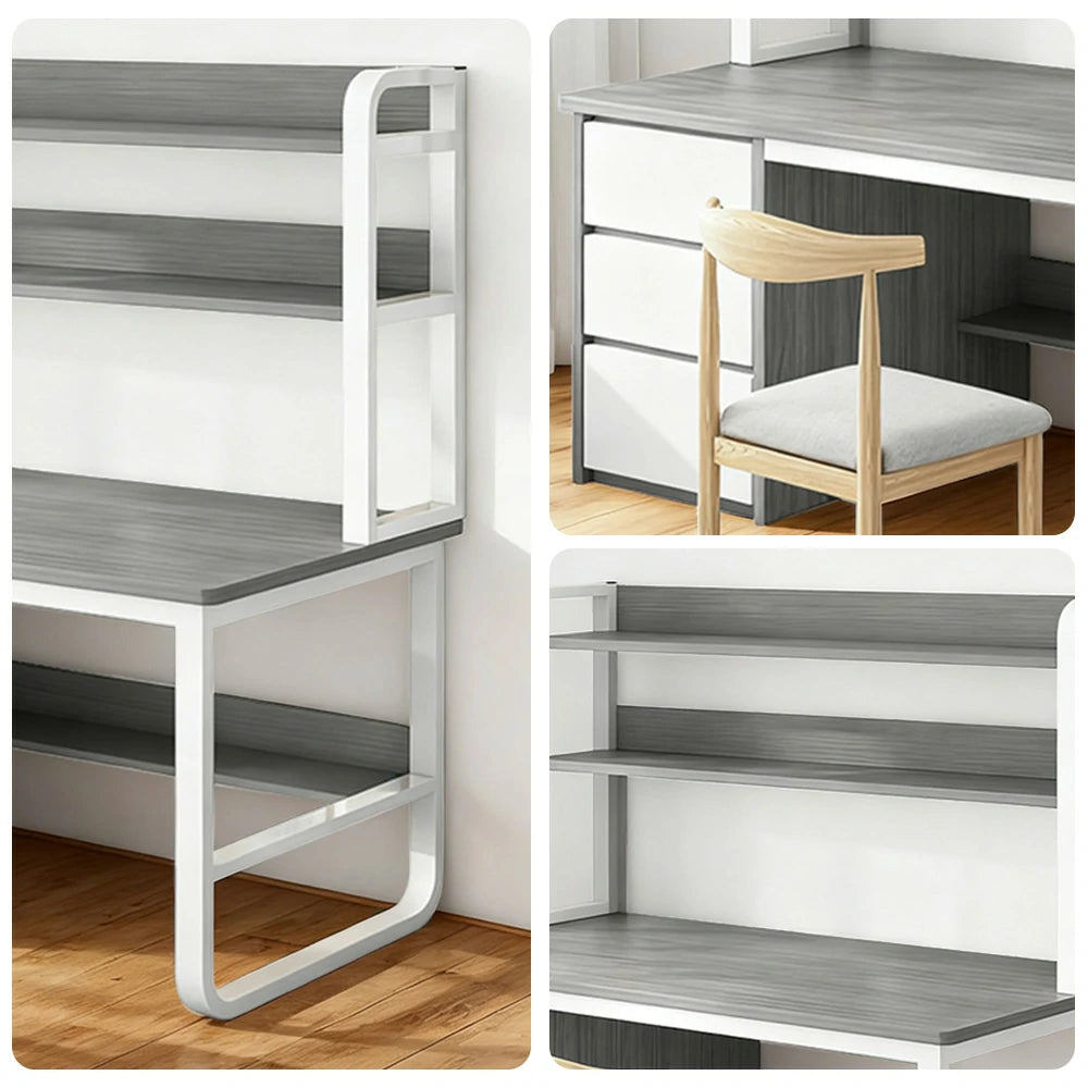 LIVARA Bookshelf Office Desk and Chair Set 100/120/140cm 2-in-1 Space-Saving Design, Thickened Panels, Steel Frame - Grey