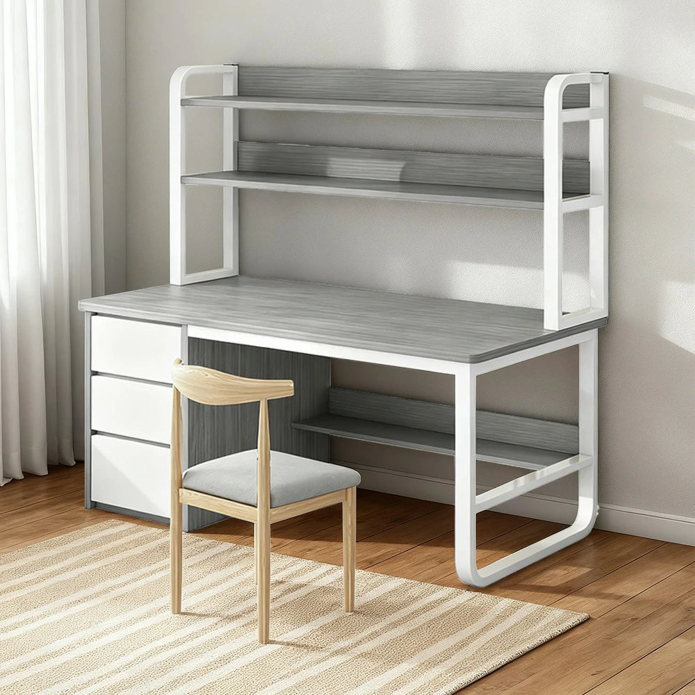 LIVARA Bookshelf Office Desk and Chair Set 100/120/140cm 2-in-1 Space-Saving Design, Thickened Panels, Steel Frame - Grey