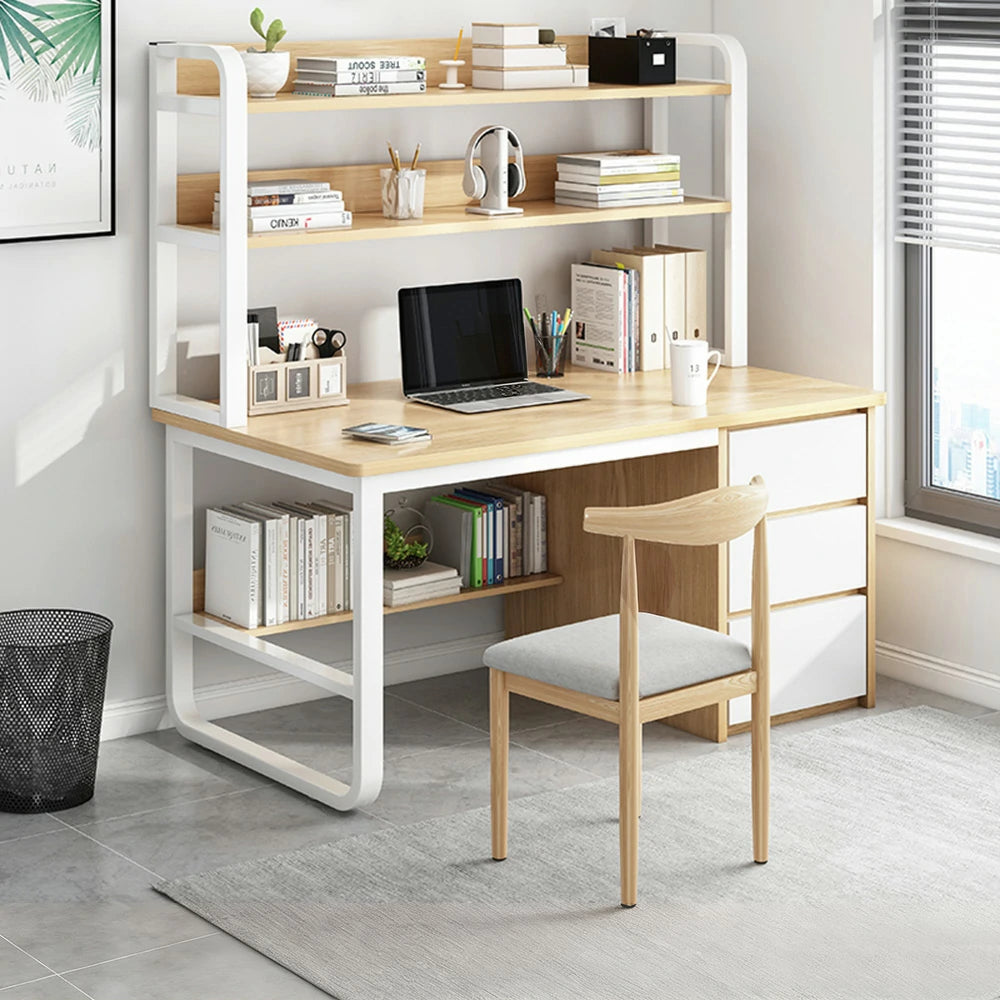 LIVARA Bookshelf Office Desk and Chair Set 100/120/140cm 2-in-1 Space-Saving Design, Thickened Panels, Steel Frame - Wood