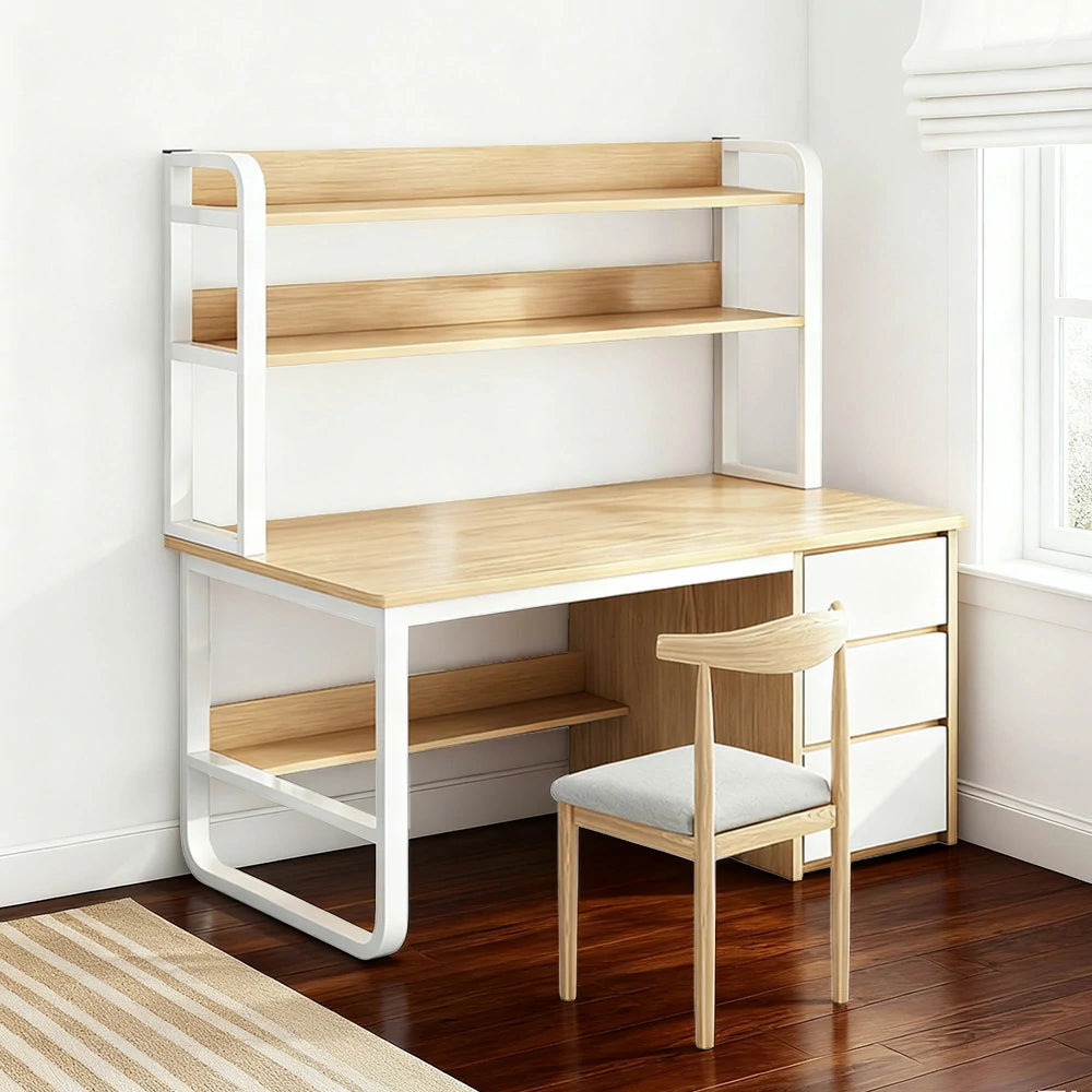 LIVARA Bookshelf Office Desk and Chair Set 100/120/140cm 2-in-1 Space-Saving Design, Thickened Panels, Steel Frame - Wood