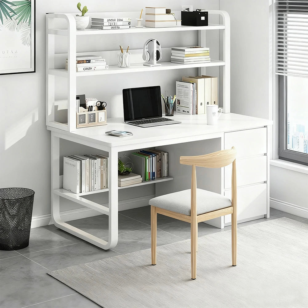LIVARA Bookshelf Office Desk and Chair Set 100/120/140cm 2-in-1 Space-Saving Design, Thickened Panels, Steel Frame - White