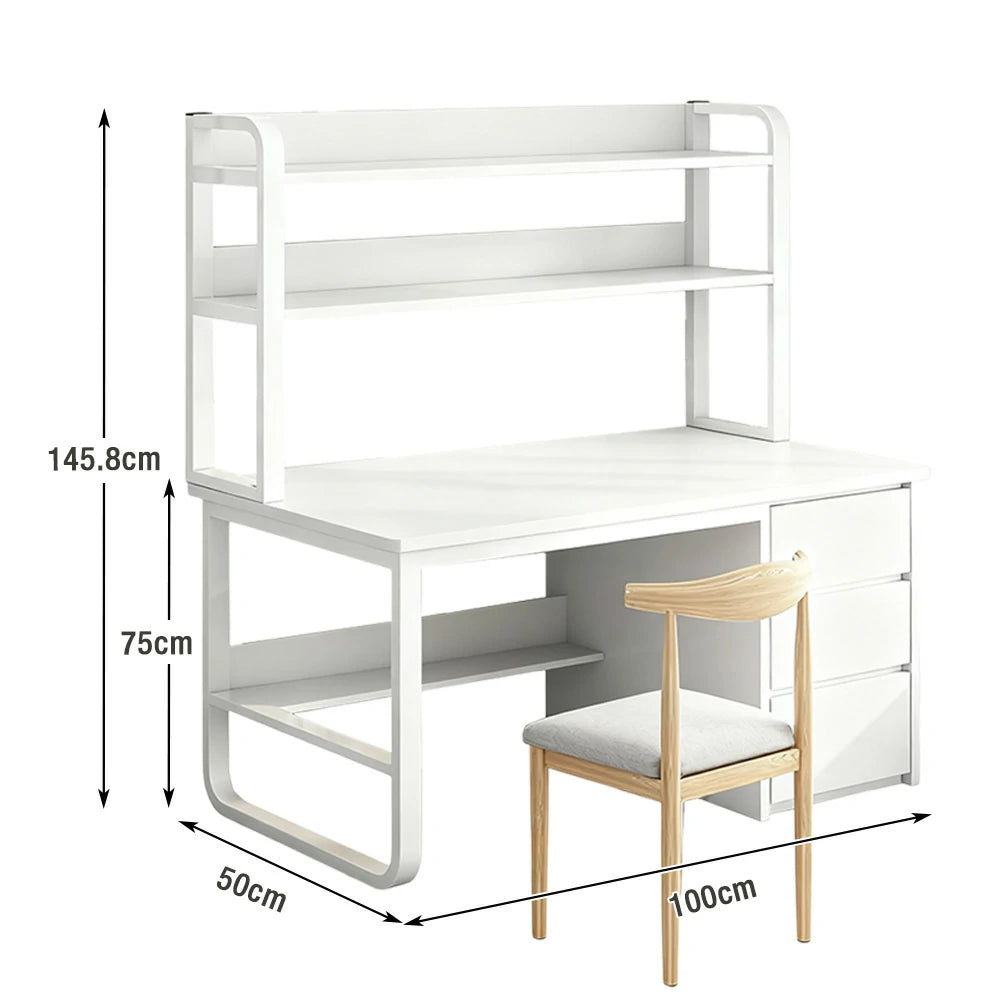 LIVARA Bookshelf Office Desk and Chair Set 100/120/140cm 2-in-1 Space-Saving Design, Thickened Panels, Steel Frame - White