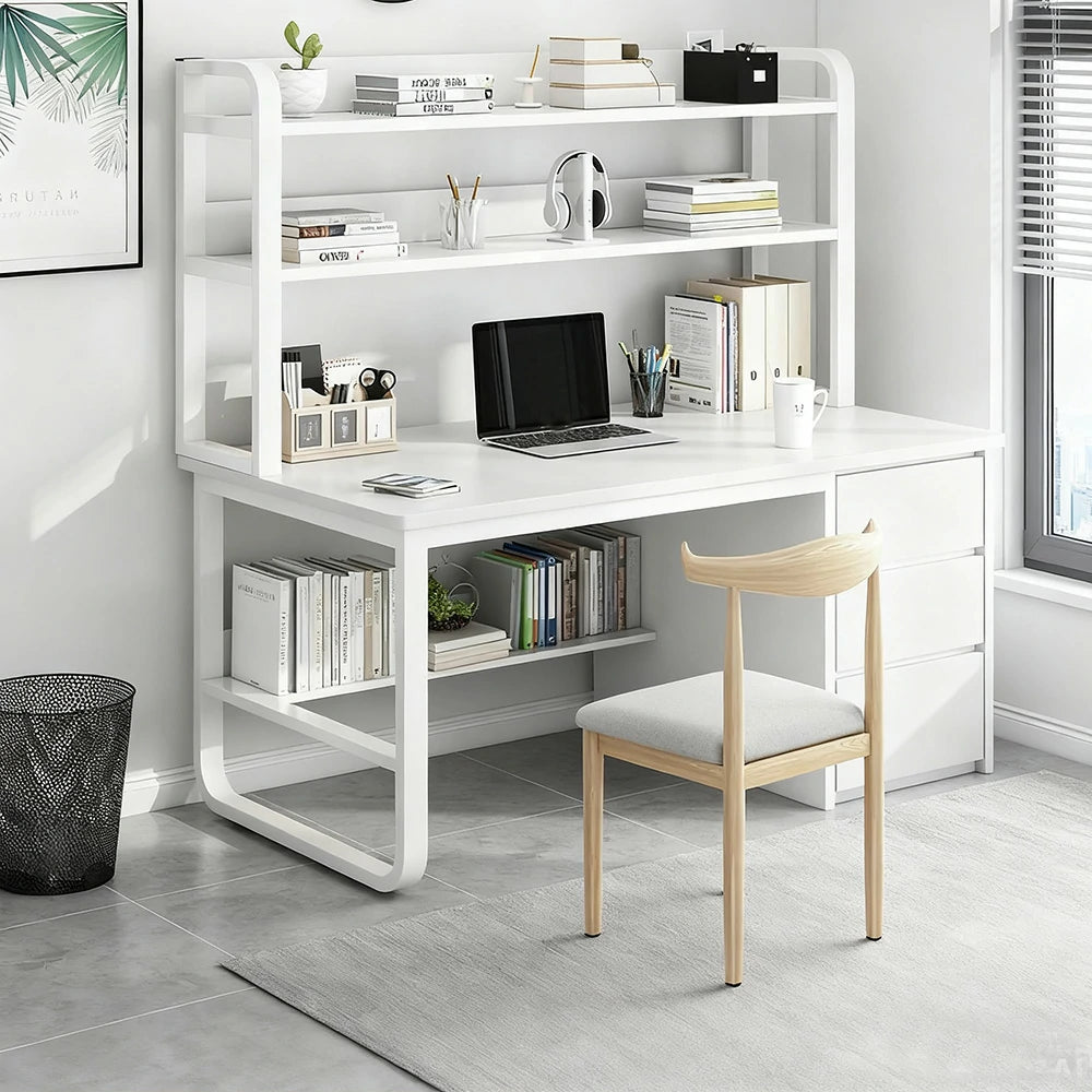 LIVARA Bookshelf Office Desk and Chair Set 100/120/140cm 2-in-1 Space-Saving Design, Thickened Panels, Steel Frame - White