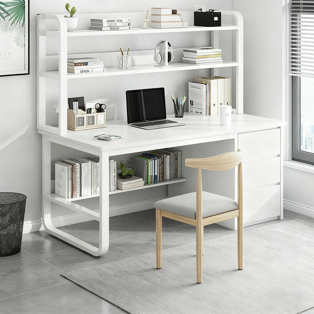 LIVARA Bookshelf Office Desk and Chair Set 100/120/140cm 2-in-1 Space-Saving Design, Thickened Panels, Steel Frame - White