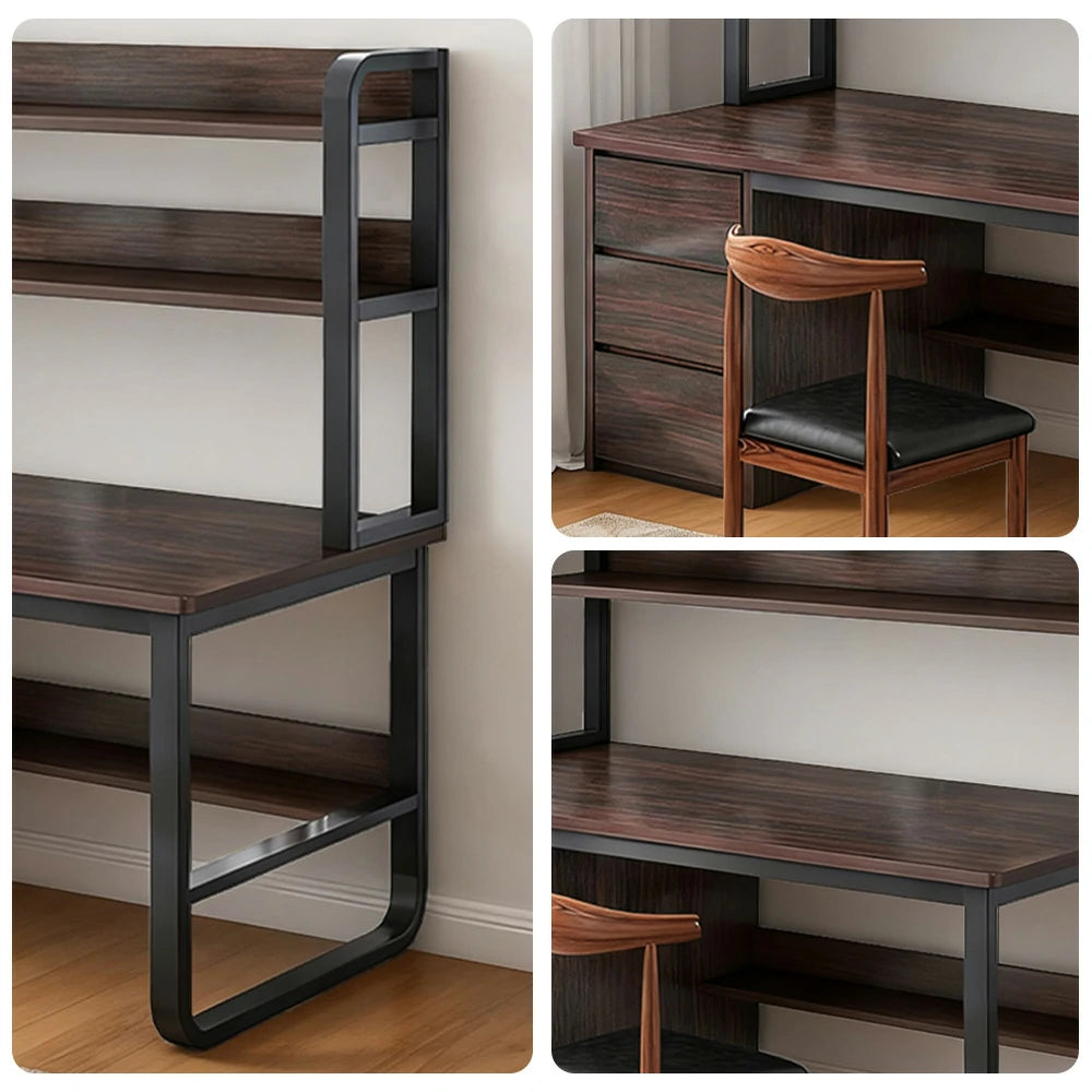 LIVARA Bookshelf Office Desk and Chair Set 100/120/140cm 2-in-1 Space-Saving Design, Thickened Panels, Steel Frame - Walunt