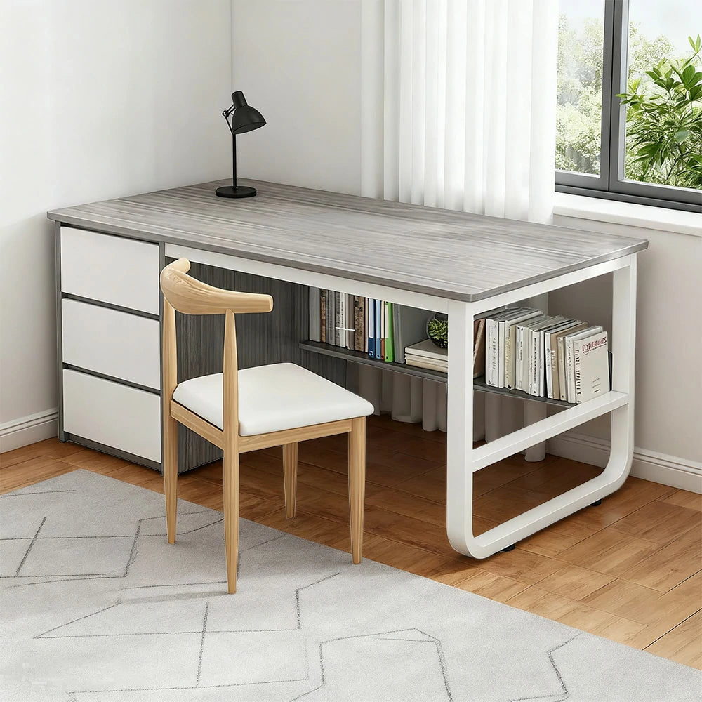 LIVARA Office Desk and Chair Set 100/120/140cm Space-Saving Design, Thickened Panels, Stable U-Legs, Rounded Edge - Grey