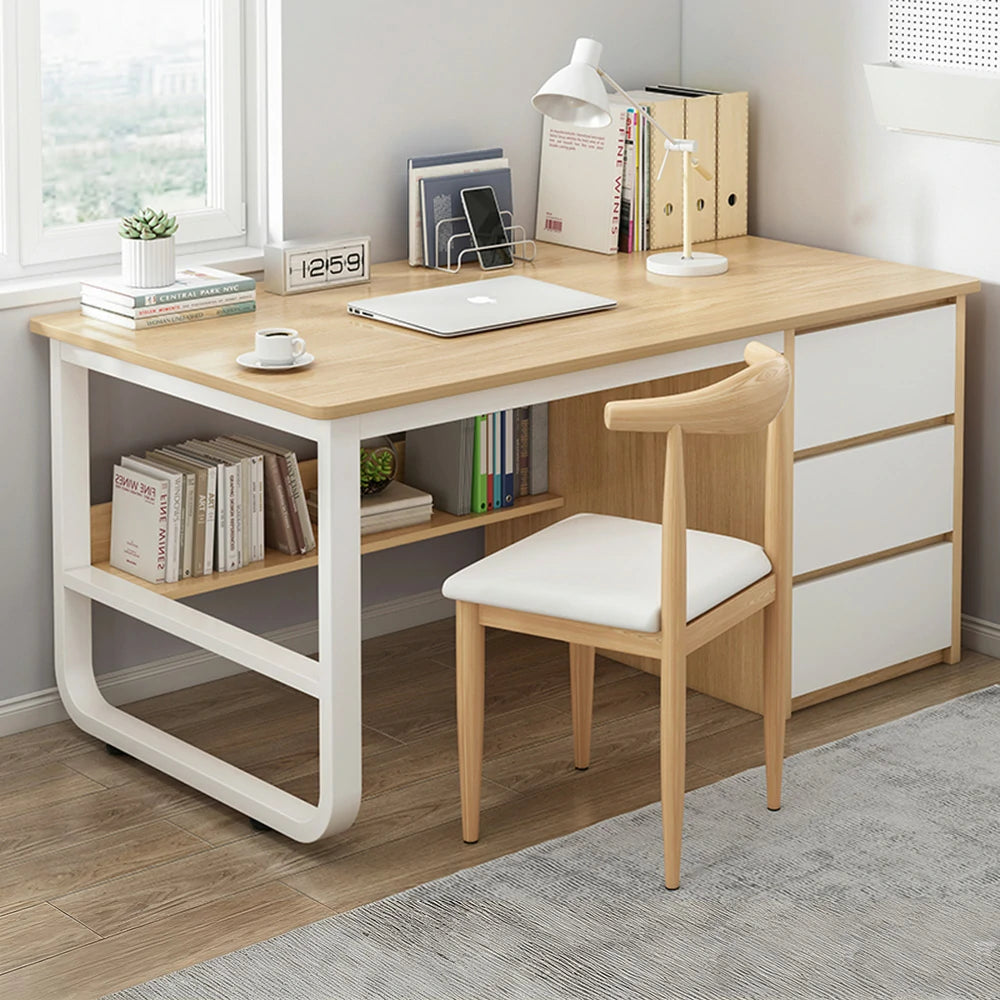 LIVARA Office Desk and Chair Set 100/120/140cm Space-Saving Design, Thickened Panels, Stable U-Legs, Rounded Edge - Wood