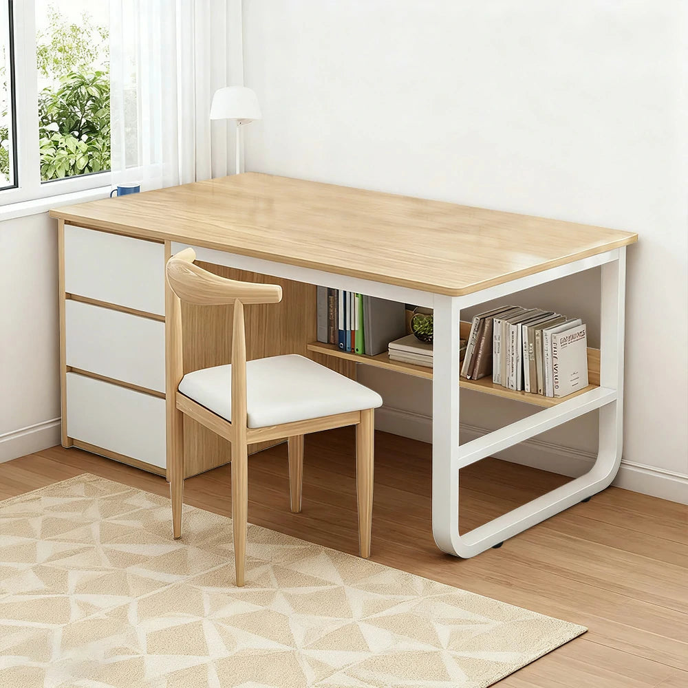 LIVARA Office Desk and Chair Set 100/120/140cm Space-Saving Design, Thickened Panels, Stable U-Legs, Rounded Edge - Wood