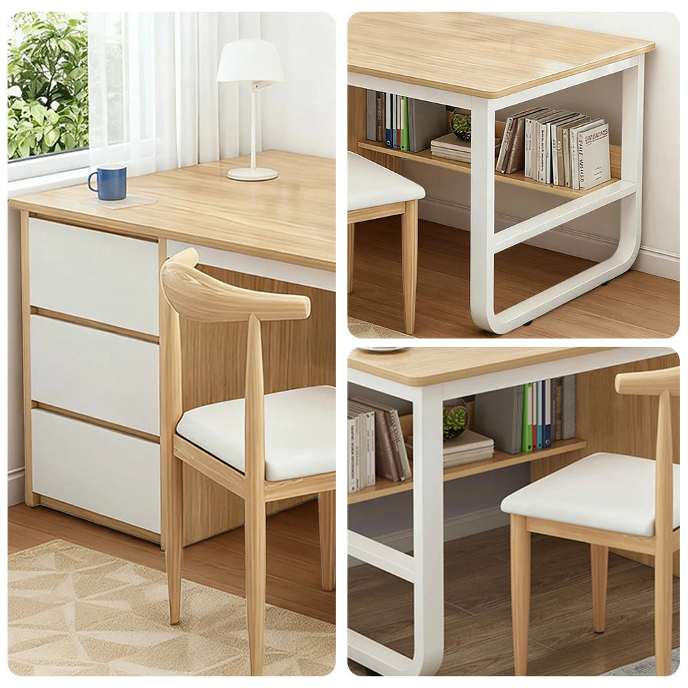 LIVARA Office Desk and Chair Set 100/120/140cm Space-Saving Design, Thickened Panels, Stable U-Legs, Rounded Edge - Wood