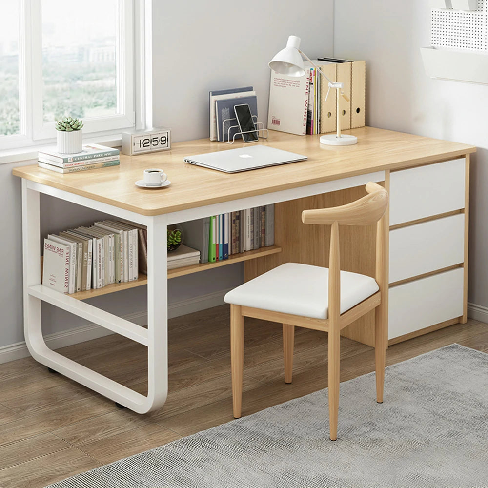 LIVARA Office Desk and Chair Set 100/120/140cm Space-Saving Design, Thickened Panels, Stable U-Legs, Rounded Edge - Wood