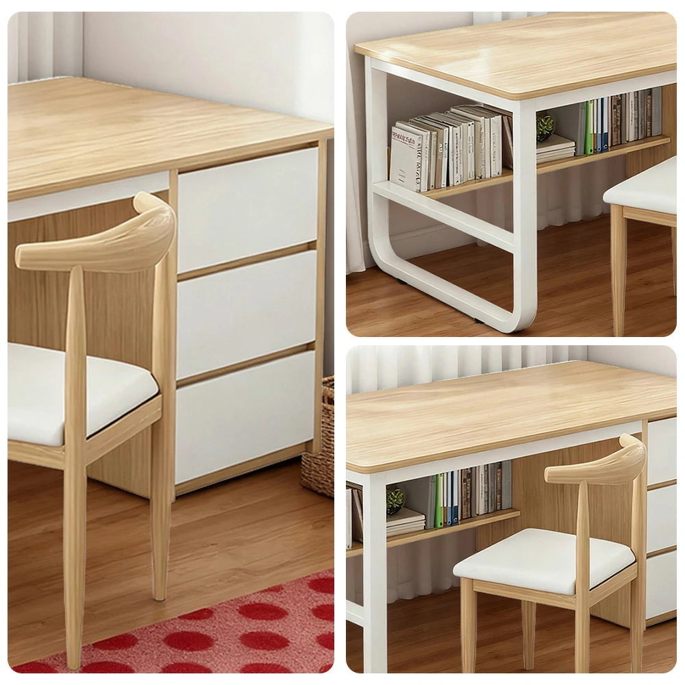 LIVARA Office Desk and Chair Set 100/120/140cm Space-Saving Design, Thickened Panels, Stable U-Legs, Rounded Edge - Wood