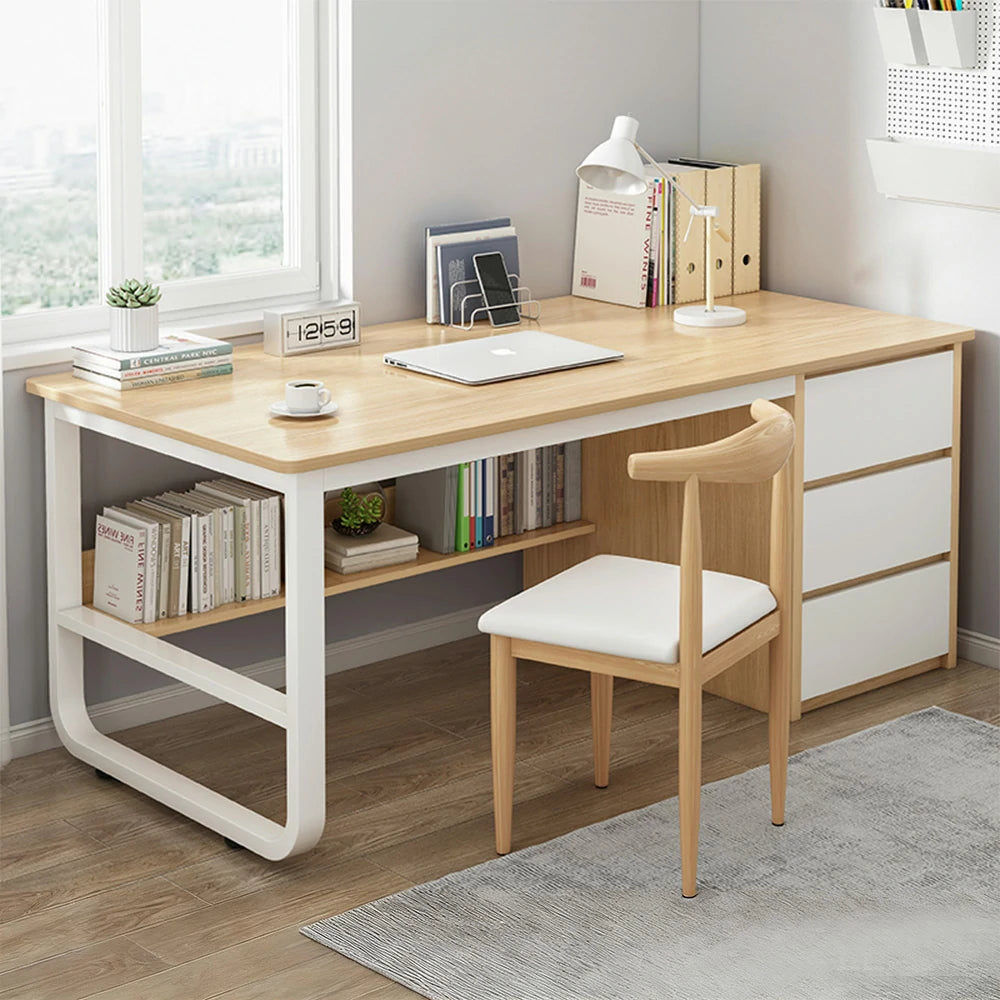 LIVARA Office Desk and Chair Set 100/120/140cm Space-Saving Design, Thickened Panels, Stable U-Legs, Rounded Edge - Wood