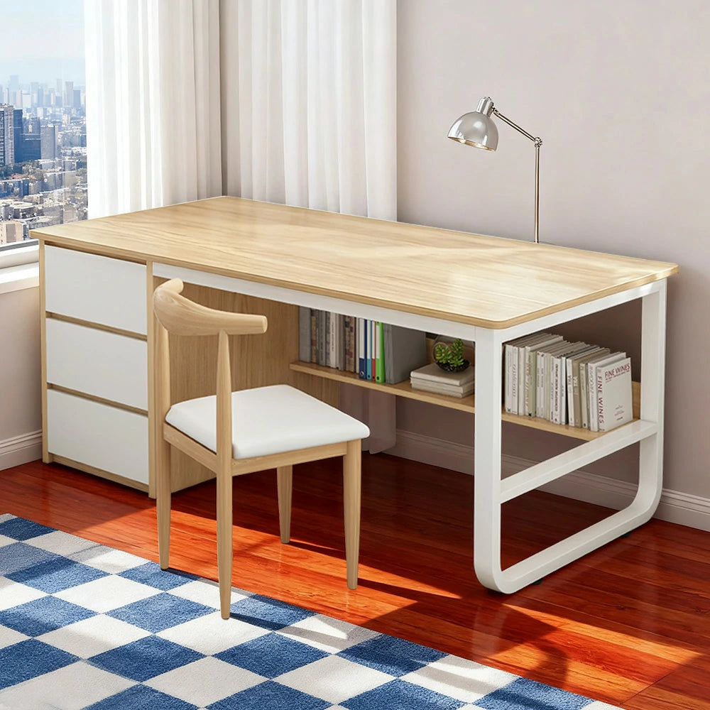 LIVARA Office Desk and Chair Set 100/120/140cm Space-Saving Design, Thickened Panels, Stable U-Legs, Rounded Edge - Wood