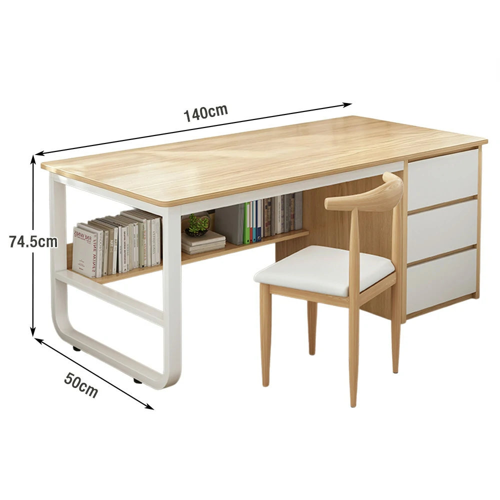 LIVARA Office Desk and Chair Set 100/120/140cm Space-Saving Design, Thickened Panels, Stable U-Legs, Rounded Edge - Wood