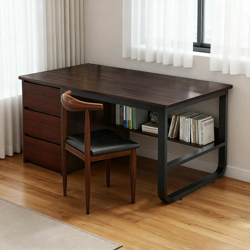 LIVARA Office Desk and Chair Set 100/120/140cm Space-Saving Design, Thickened Panels, Stable U-Legs, Rounded Edge - Walnut