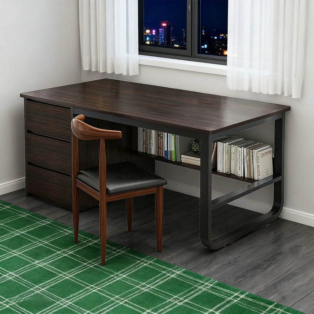 LIVARA Office Desk and Chair Set 100/120/140cm Space-Saving Design, Thickened Panels, Stable U-Legs, Rounded Edge - Walnut