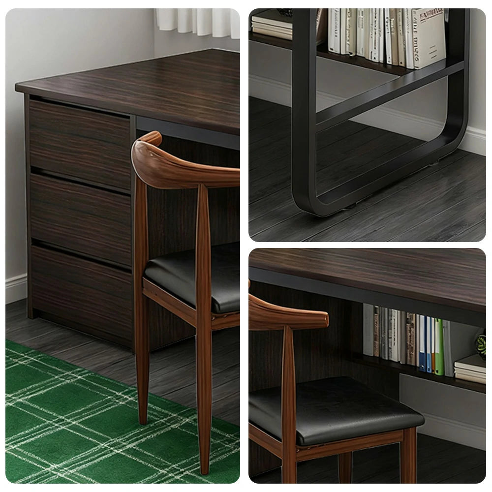 LIVARA Office Desk and Chair Set 100/120/140cm Space-Saving Design, Thickened Panels, Stable U-Legs, Rounded Edge - Walnut