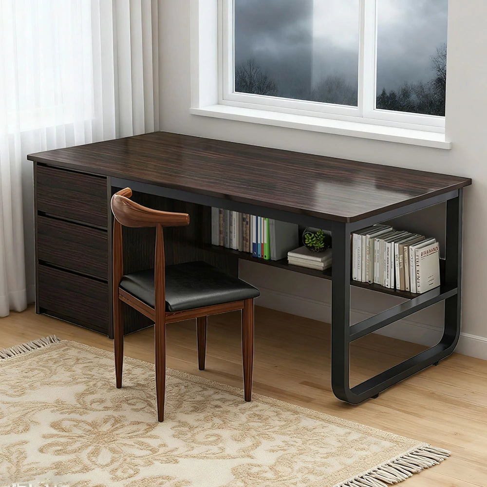 LIVARA Office Desk and Chair Set 100/120/140cm Space-Saving Design, Thickened Panels, Stable U-Legs, Rounded Edge - Walnut