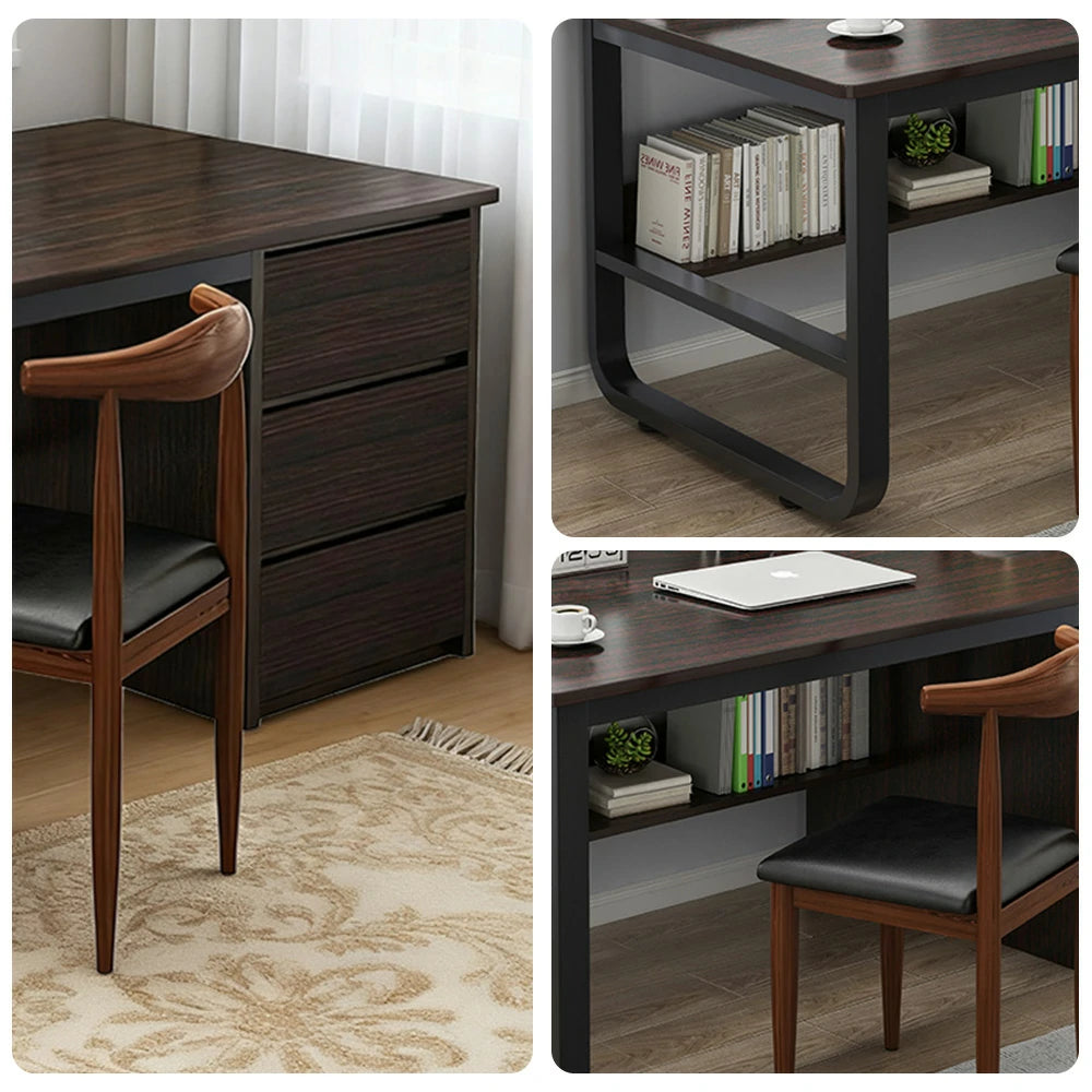 LIVARA Office Desk and Chair Set 100/120/140cm Space-Saving Design, Thickened Panels, Stable U-Legs, Rounded Edge - Walnut