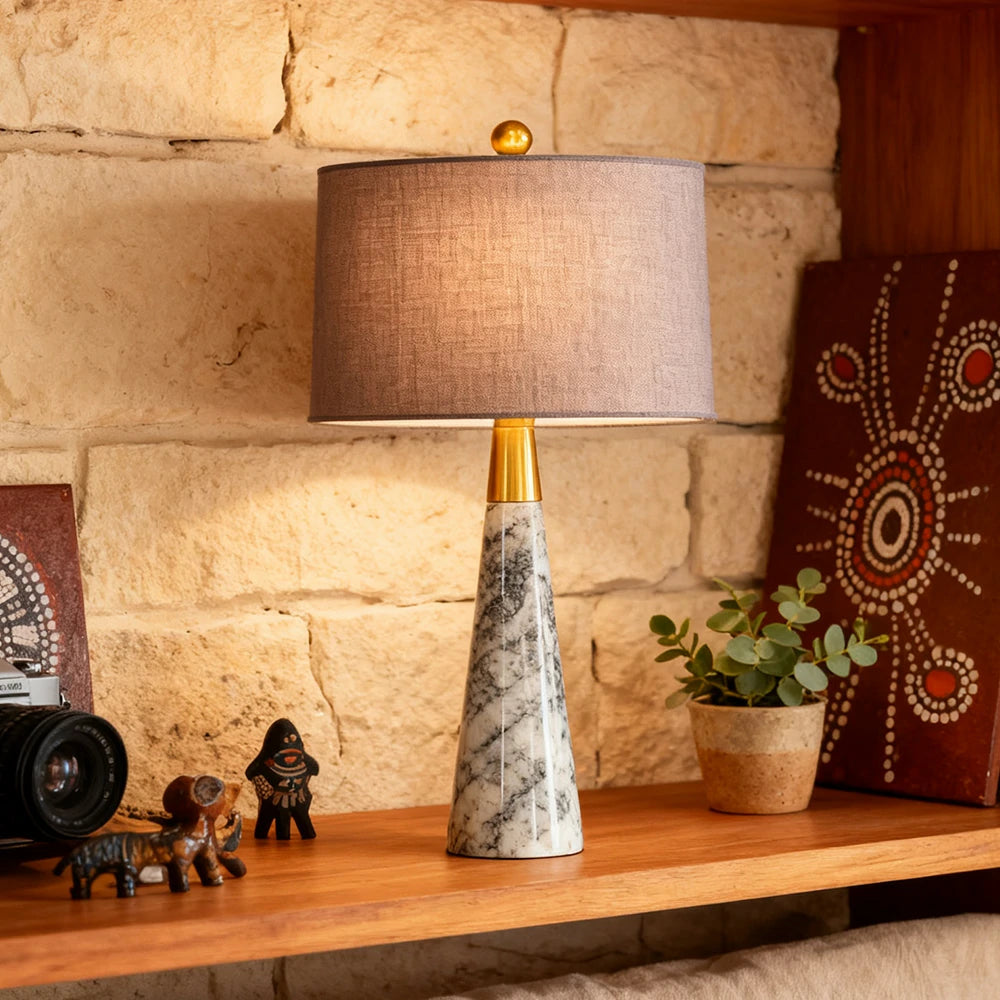 LIVARA Table Lamp Creative Design Soft Fabric Shade Natural Marble Base E27 Socket - Grey