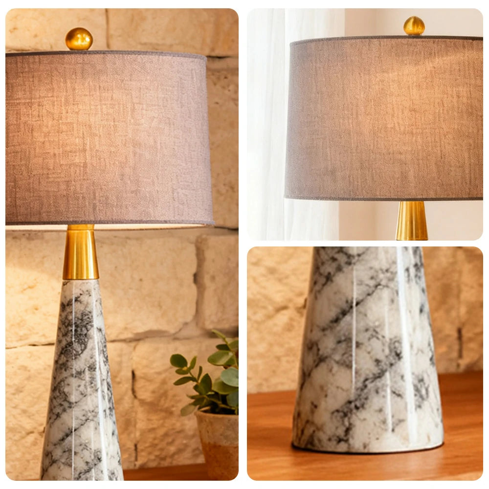 LIVARA Table Lamp Creative Design Soft Fabric Shade Natural Marble Base E27 Socket - Grey