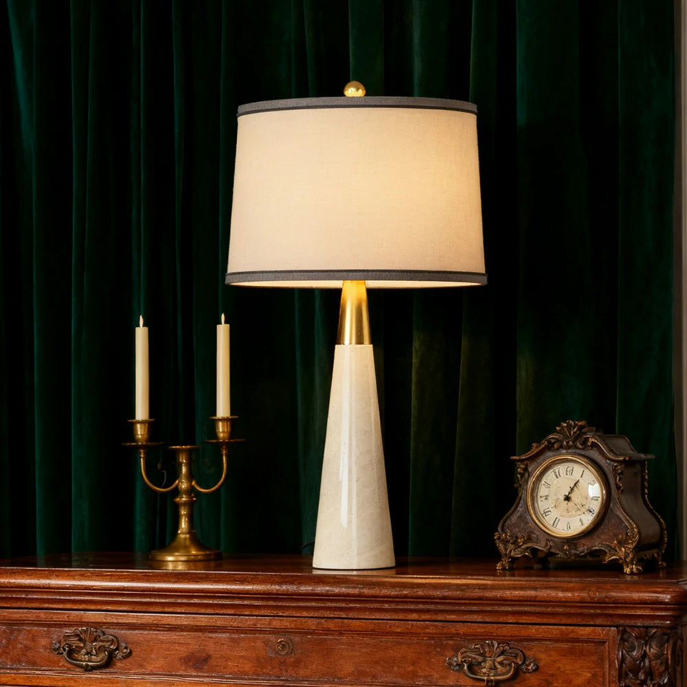 LIVARA Table Lamp Creative Design Soft Fabric Shade Natural Marble Base E27 Socket - White