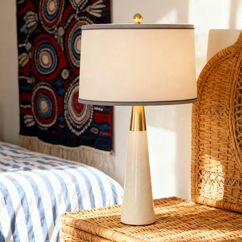 LIVARA Table Lamp Creative Design Soft Fabric Shade Natural Marble Base E27 Socket - White