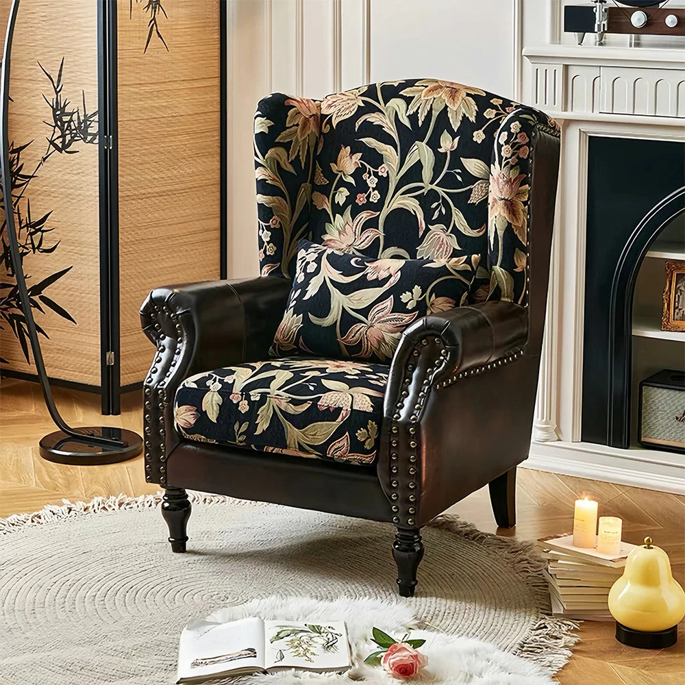 LIVARA Vintage Floral Wingback Armchair with Optional Matching Sofa Stool - Chenille Fabric, Oil-Wax PU Trim, High-Resilience Cushion, Solid Pine Frame - Black Floral