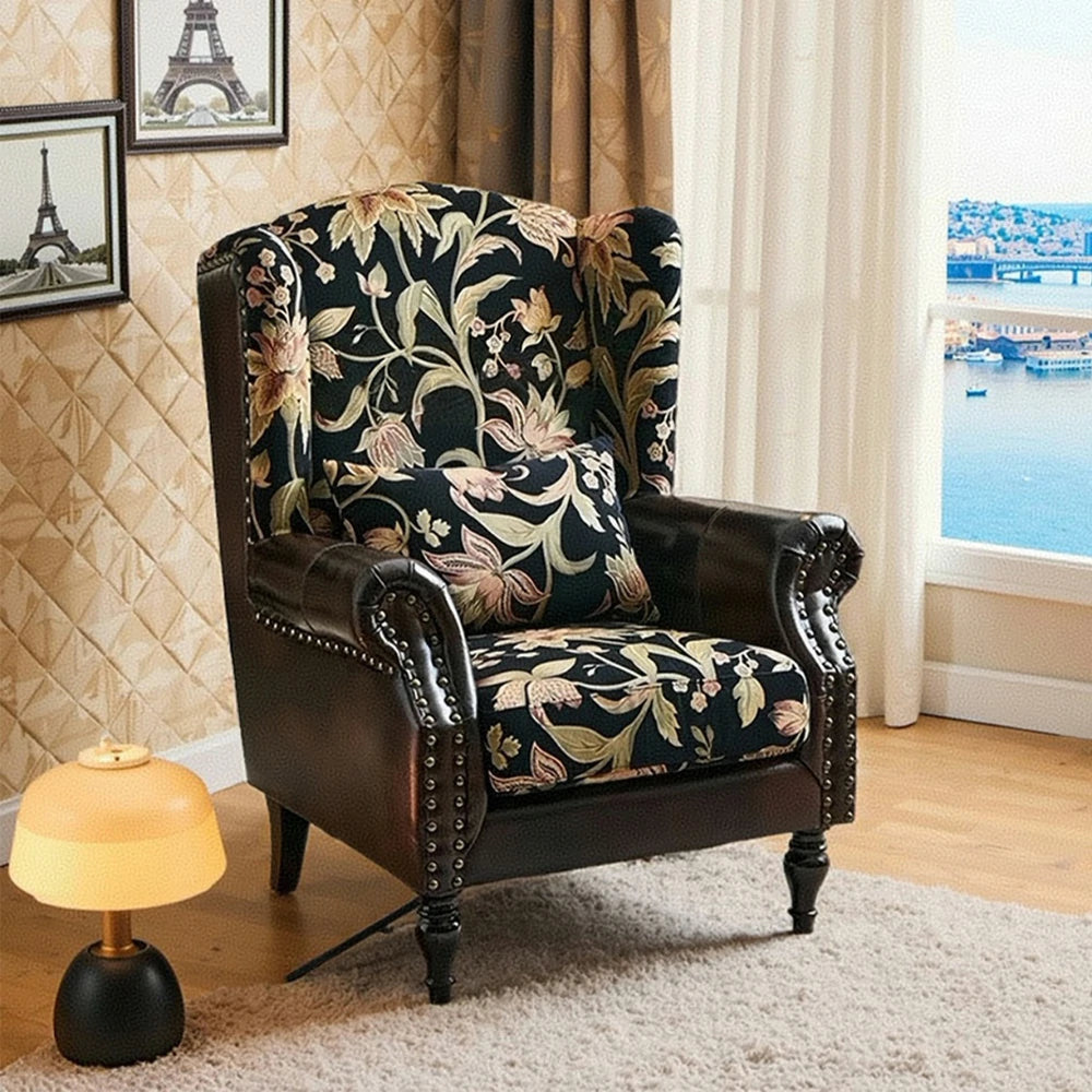 LIVARA Vintage Floral Wingback Armchair with Optional Matching Sofa Stool - Chenille Fabric, Oil-Wax PU Trim, High-Resilience Cushion, Solid Pine Frame - Black Floral