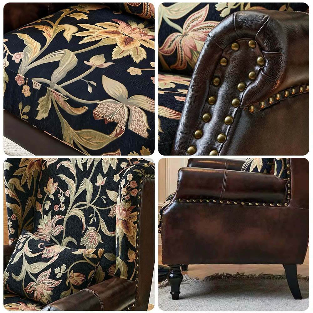 LIVARA Vintage Floral Wingback Armchair with Optional Matching Sofa Stool - Chenille Fabric, Oil-Wax PU Trim, High-Resilience Cushion, Solid Pine Frame - Black Floral