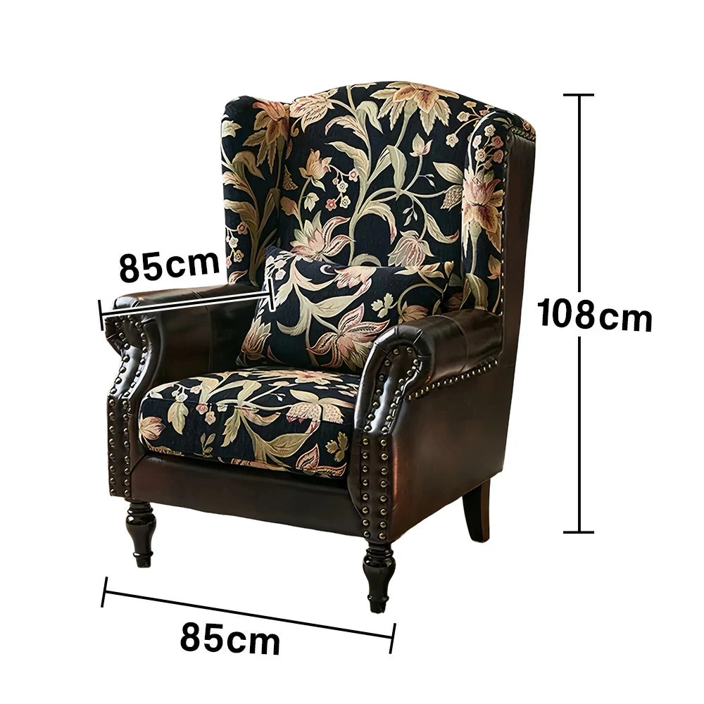 LIVARA Vintage Floral Wingback Armchair with Optional Matching Sofa Stool - Chenille Fabric, Oil-Wax PU Trim, High-Resilience Cushion, Solid Pine Frame - Black Floral