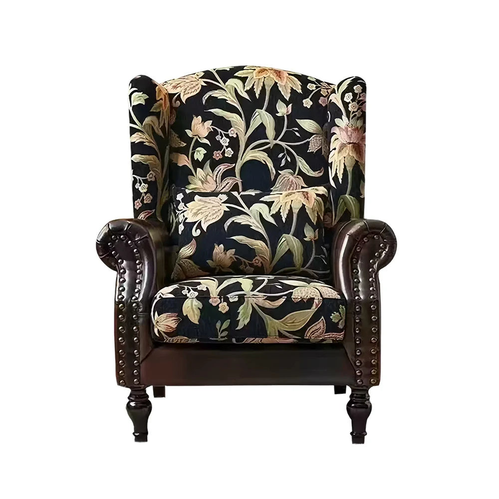 LIVARA Vintage Floral Wingback Armchair with Optional Matching Sofa Stool - Chenille Fabric, Oil-Wax PU Trim, High-Resilience Cushion, Solid Pine Frame - Black Floral