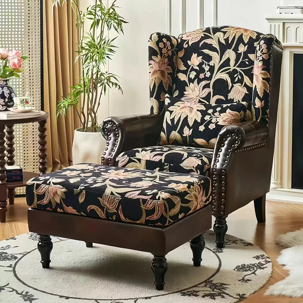 LIVARA Vintage Floral Wingback Armchair with Optional Matching Sofa Stool - Chenille Fabric, Oil-Wax PU Trim, High-Resilience Cushion, Solid Pine Frame - Black Floral