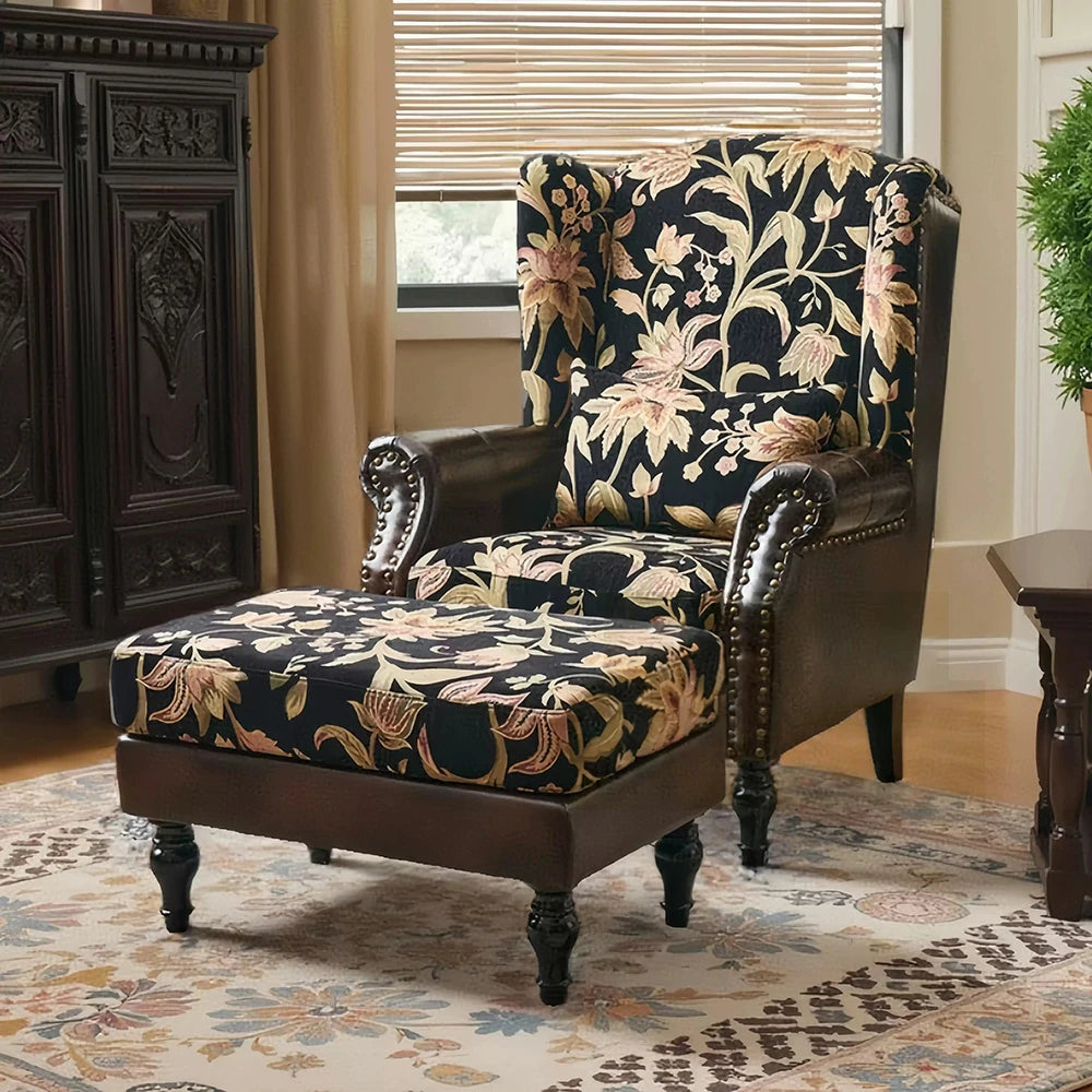 LIVARA Vintage Floral Wingback Armchair with Optional Matching Sofa Stool - Chenille Fabric, Oil-Wax PU Trim, High-Resilience Cushion, Solid Pine Frame - Black Floral