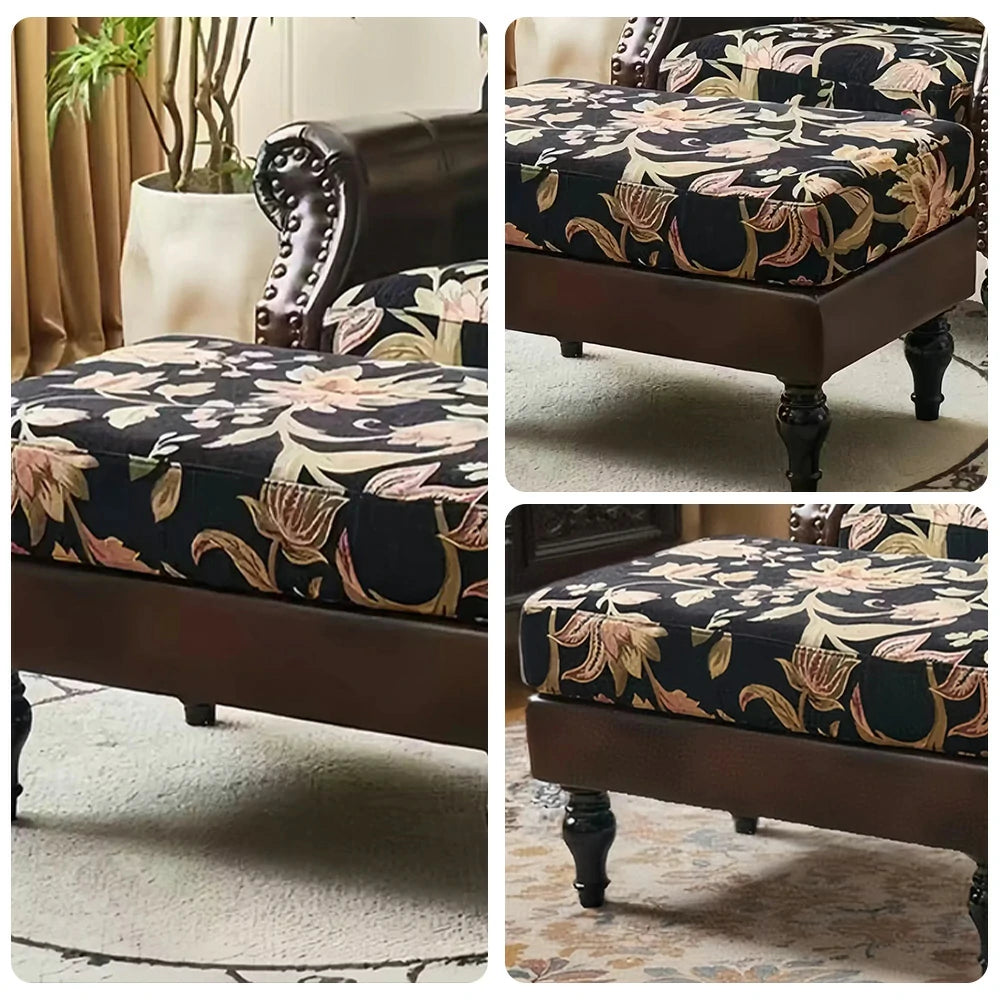 LIVARA Vintage Floral Wingback Armchair with Optional Matching Sofa Stool - Chenille Fabric, Oil-Wax PU Trim, High-Resilience Cushion, Solid Pine Frame - Black Floral