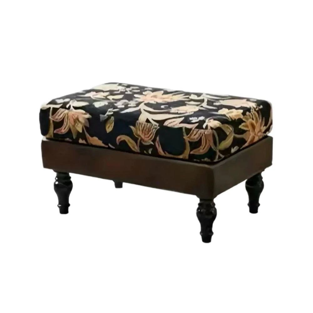 LIVARA Vintage Floral Wingback Armchair with Optional Matching Sofa Stool - Chenille Fabric, Oil-Wax PU Trim, High-Resilience Cushion, Solid Pine Frame - Black Floral