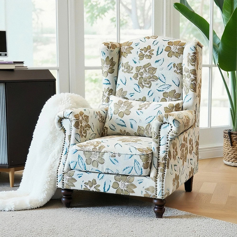 LIVARA Magnolia Fabric Armchair with Optional Matching Sofa Stool - Soft Upholstery, High-Resilience Cushion, Solid Wood Frame - Blue
