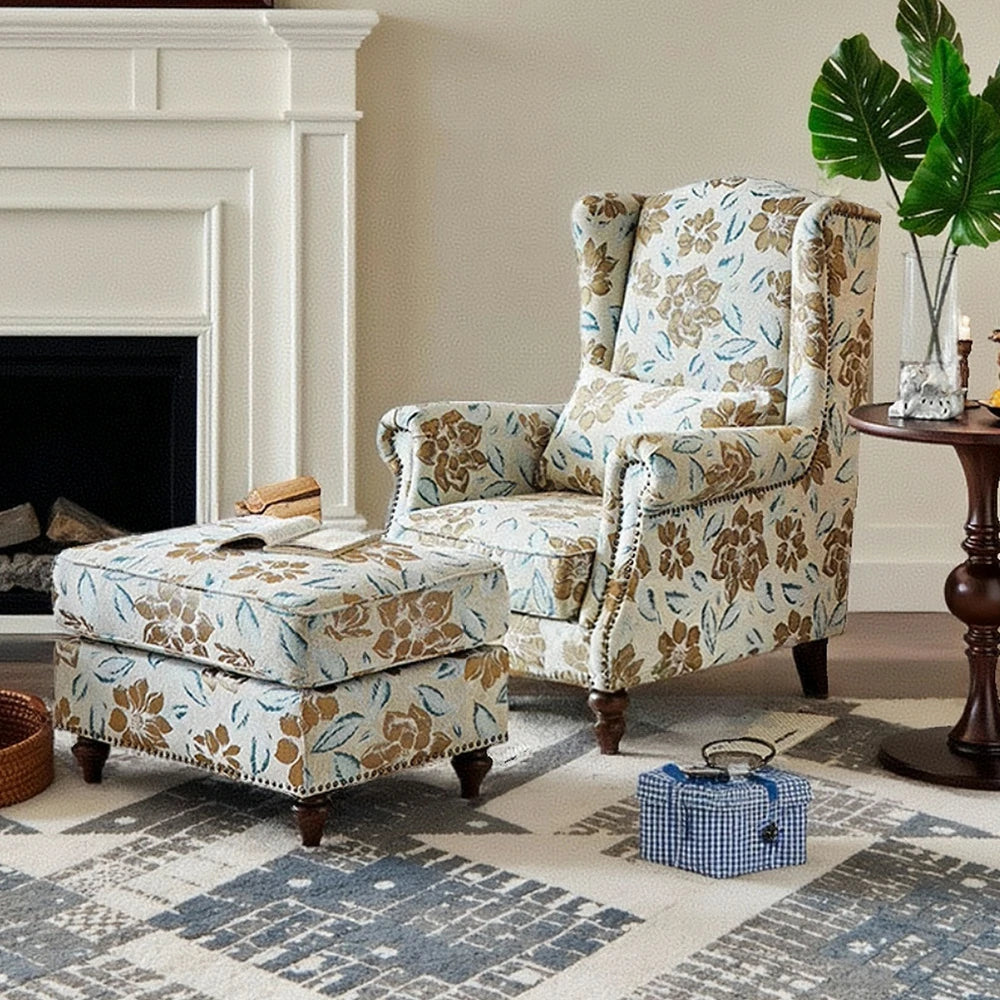LIVARA Magnolia Fabric Armchair with Optional Matching Sofa Stool - Soft Upholstery, High-Resilience Cushion, Solid Wood Frame - Blue