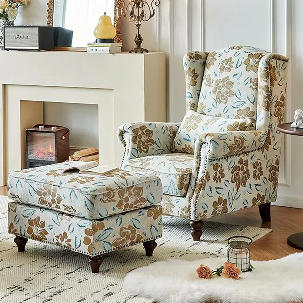 LIVARA Magnolia Fabric Armchair with Optional Matching Sofa Stool - Soft Upholstery, High-Resilience Cushion, Solid Wood Frame - Blue