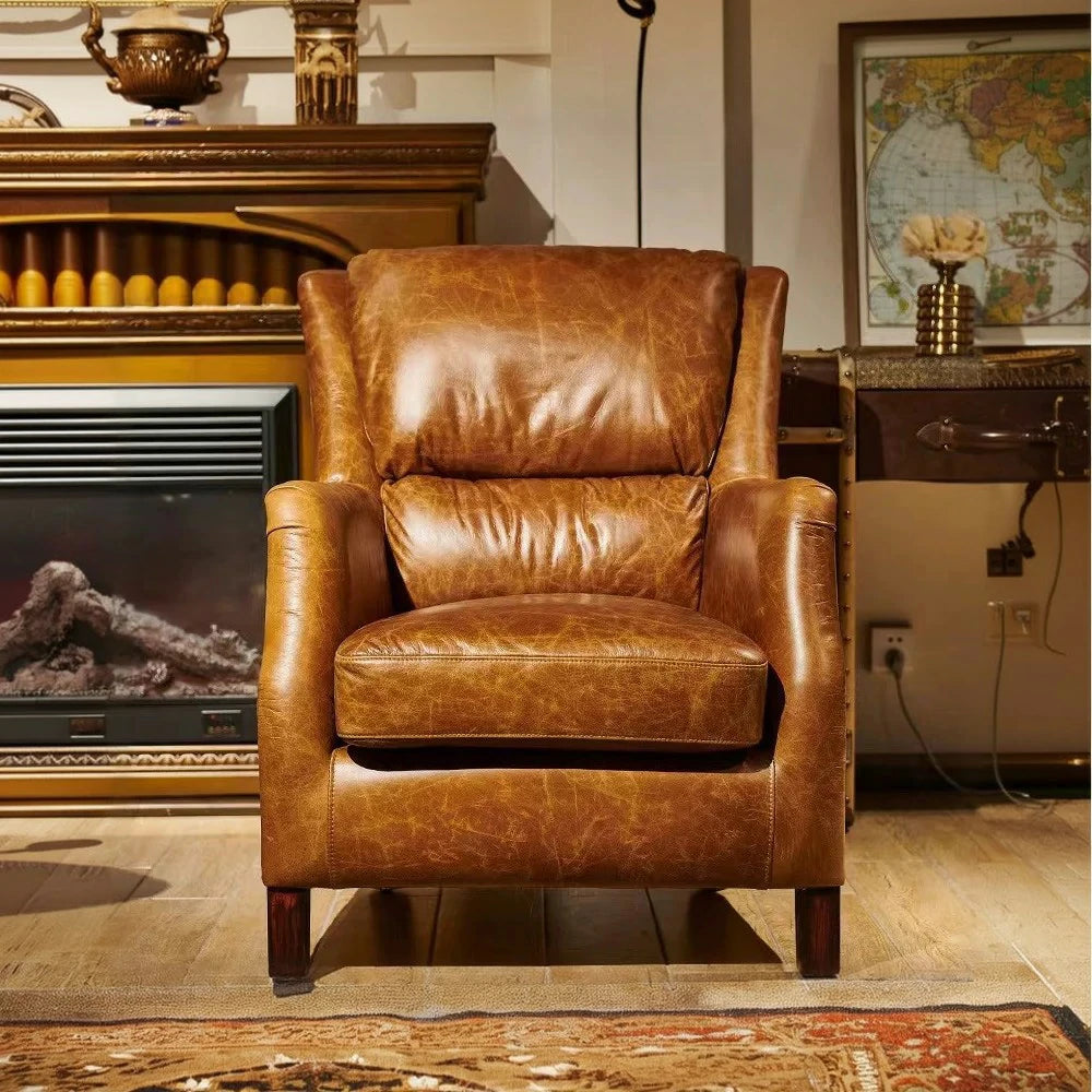 LIVARA Vintage Leather Armchair - Eco-Friendly Brown PU, Solid Wood Frame, Feather+Foam Cushion, Ergonomic Support, Retro Single Sofa Chair - Brown