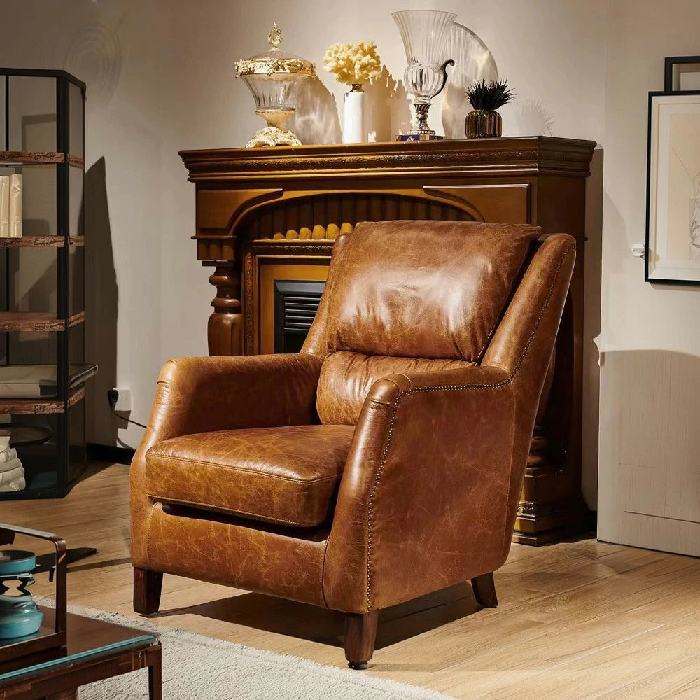 LIVARA Vintage Leather Armchair - Eco-Friendly Brown PU, Solid Wood Frame, Feather+Foam Cushion, Ergonomic Support, Retro Single Sofa Chair - Brown