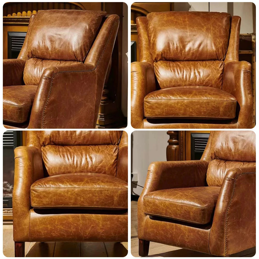 LIVARA Vintage Leather Armchair - Eco-Friendly Brown PU, Solid Wood Frame, Feather+Foam Cushion, Ergonomic Support, Retro Single Sofa Chair - Brown