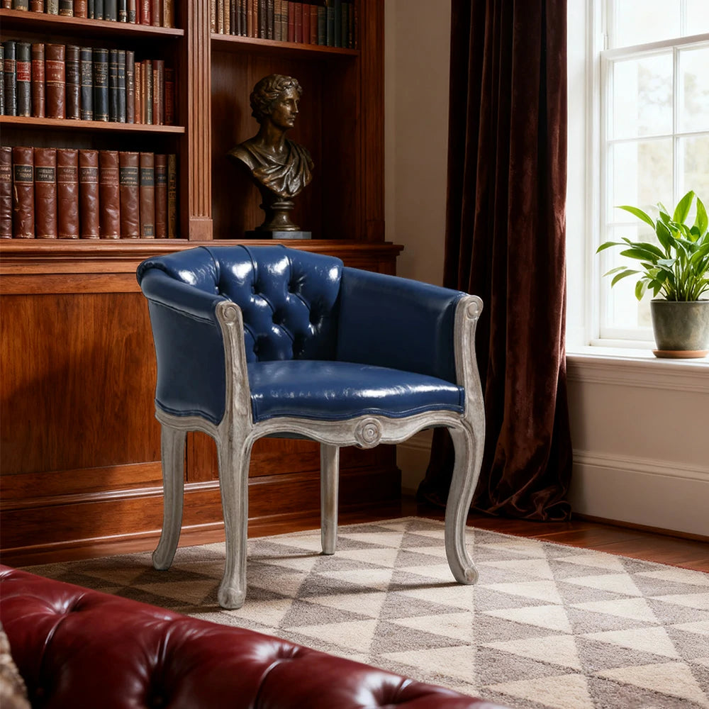 LIVARA Deep Blue Vintage Accent Armchair - Retro PU Leather, Solid Wood Frame, Tufted Backrest, Elegant Living Room Single Sofa Chair - Navy Blue