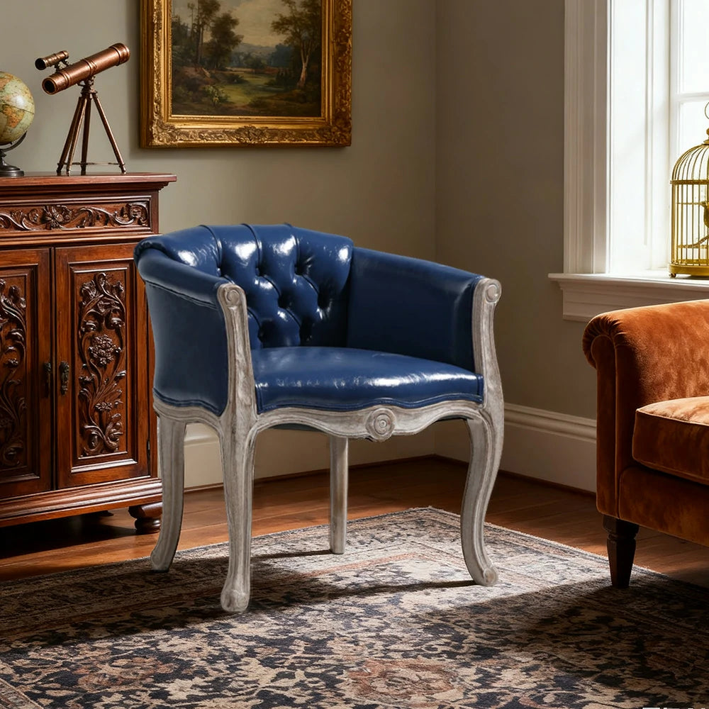 LIVARA Deep Blue Vintage Accent Armchair - Retro PU Leather, Solid Wood Frame, Tufted Backrest, Elegant Living Room Single Sofa Chair - Navy Blue