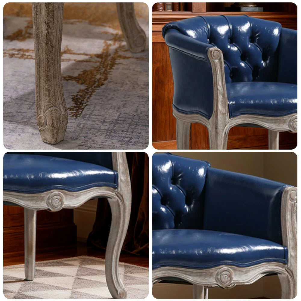 LIVARA Deep Blue Vintage Accent Armchair - Retro PU Leather, Solid Wood Frame, Tufted Backrest, Elegant Living Room Single Sofa Chair - Navy Blue