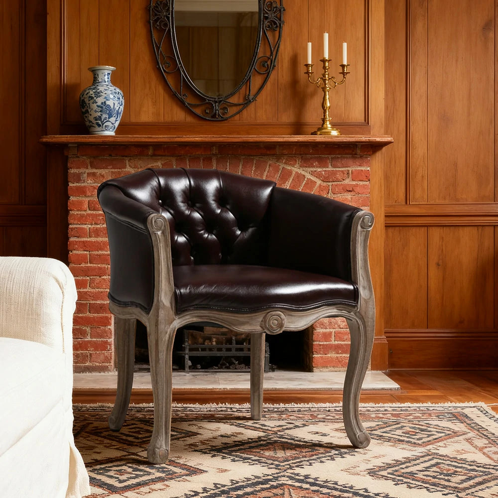 LIVARA Deep Blue Vintage Accent Armchair - Retro PU Leather, Solid Wood Frame, Tufted Backrest, Elegant Living Room Single Sofa Chair - Brown