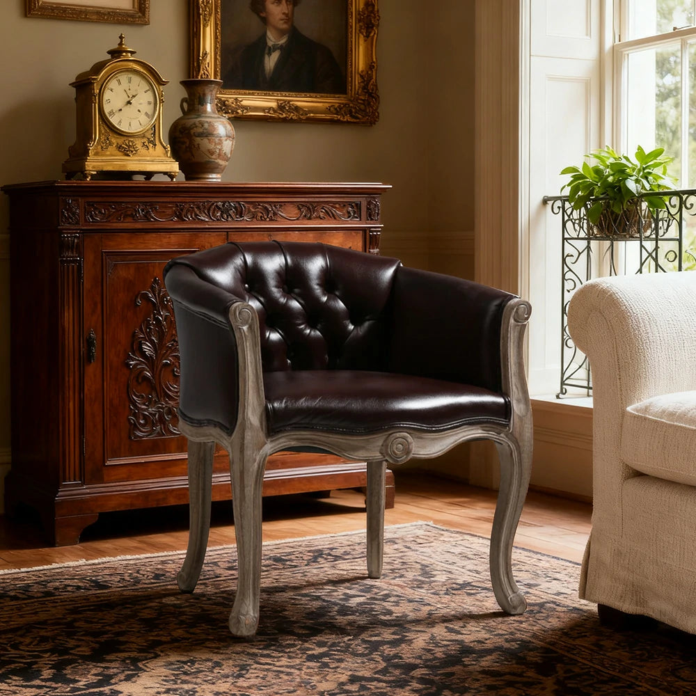 LIVARA Deep Blue Vintage Accent Armchair - Retro PU Leather, Solid Wood Frame, Tufted Backrest, Elegant Living Room Single Sofa Chair - Brown